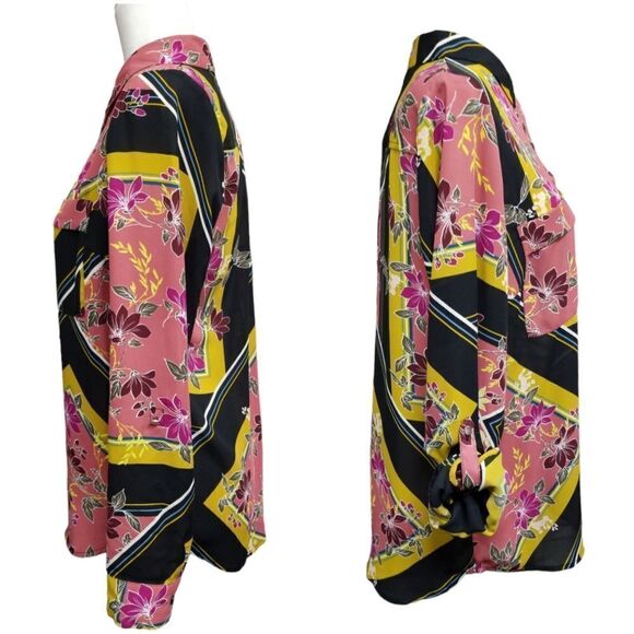APT.9 Blouse Button Front Abstract Floral Pattern Rolltab Sleeves Medium - Picture 3 of 10